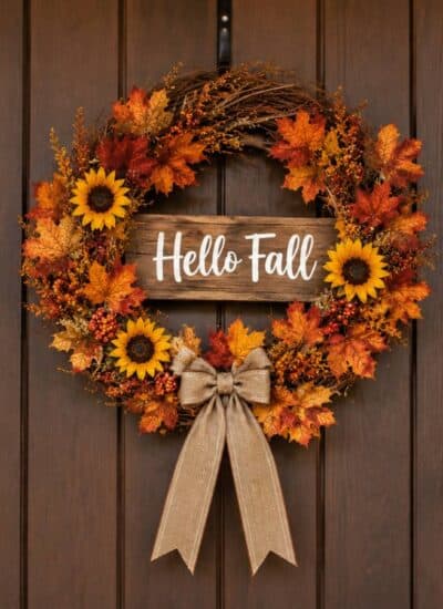A wooden front door decorated with a fall wreath made of orange leaves, yellow sunflowers, a burlap bow, and a sign that says "Hello Fall.