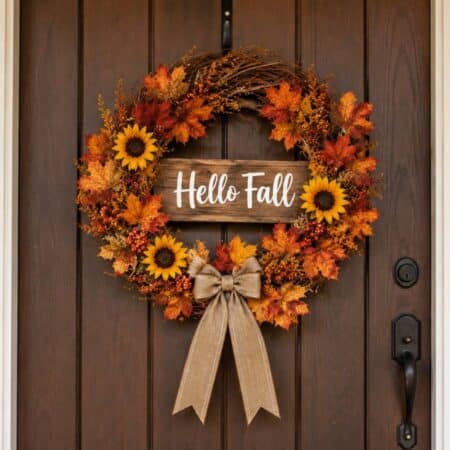 A wooden front door decorated with a fall wreath made of orange leaves, yellow sunflowers, a burlap bow, and a sign that says "Hello Fall.