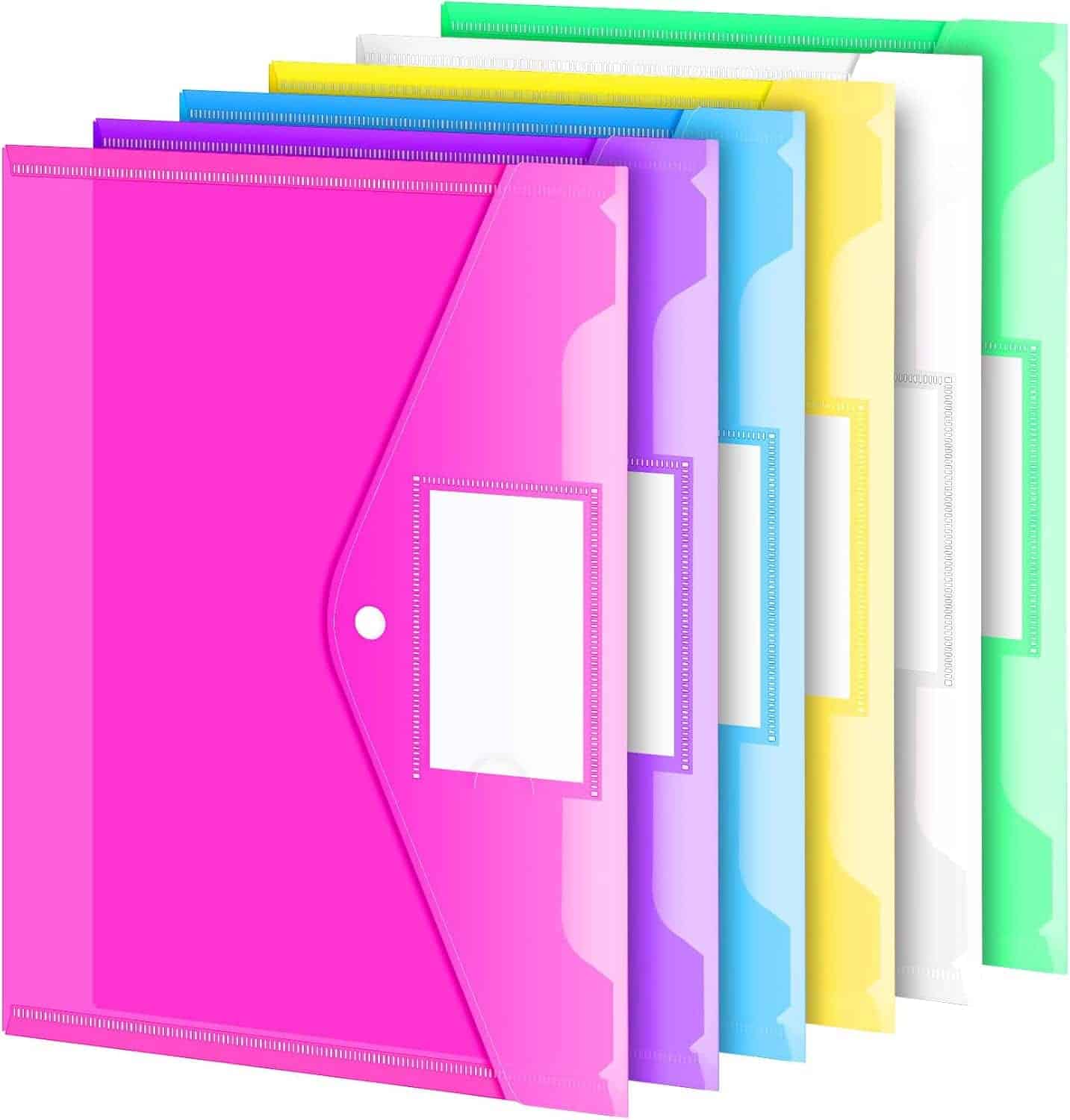 Six translucent plastic folders in pink, purple, blue, yellow, white, and green, each with a button closure and a label slot on the front.