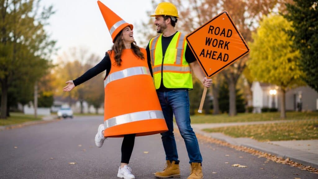 Two people stand on a suburban street; one wears a traffic cone costume, and the other wears a safety vest and hard hat, holding a "Road Work Ahead" sign.