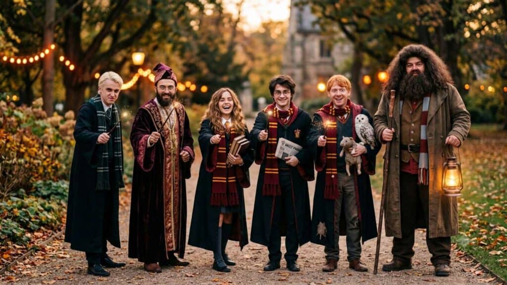 Six people dressed as Harry Potter characters stand outdoors on a path, wearing costumes with scarves and props, surrounded by autumn trees and string lights.