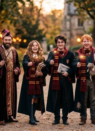 Six people dressed as Harry Potter characters stand outdoors on a path, wearing costumes with scarves and props, surrounded by autumn trees and string lights.