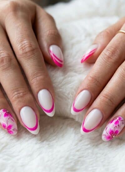 Two hands with almond-shaped nails featuring pink and white French tips and floral nail art accents, resting on a white furry surface.