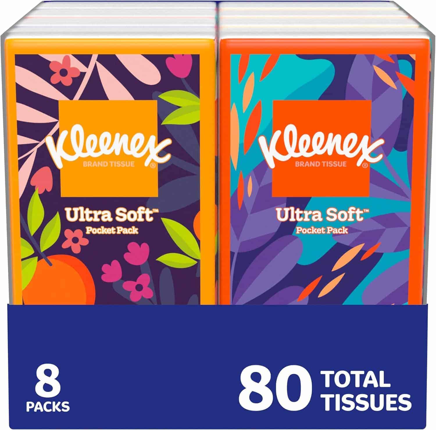Eight packs of Kleenex Ultra Soft Pocket Pack tissues with colorful packaging, labeled as containing a total of 80 tissues.