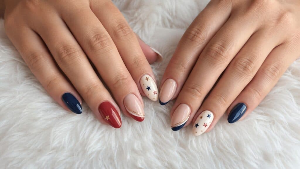 Two hands with manicured nails painted in red, navy blue, and beige, featuring star designs and accent lines, resting on a white, fluffy surface.