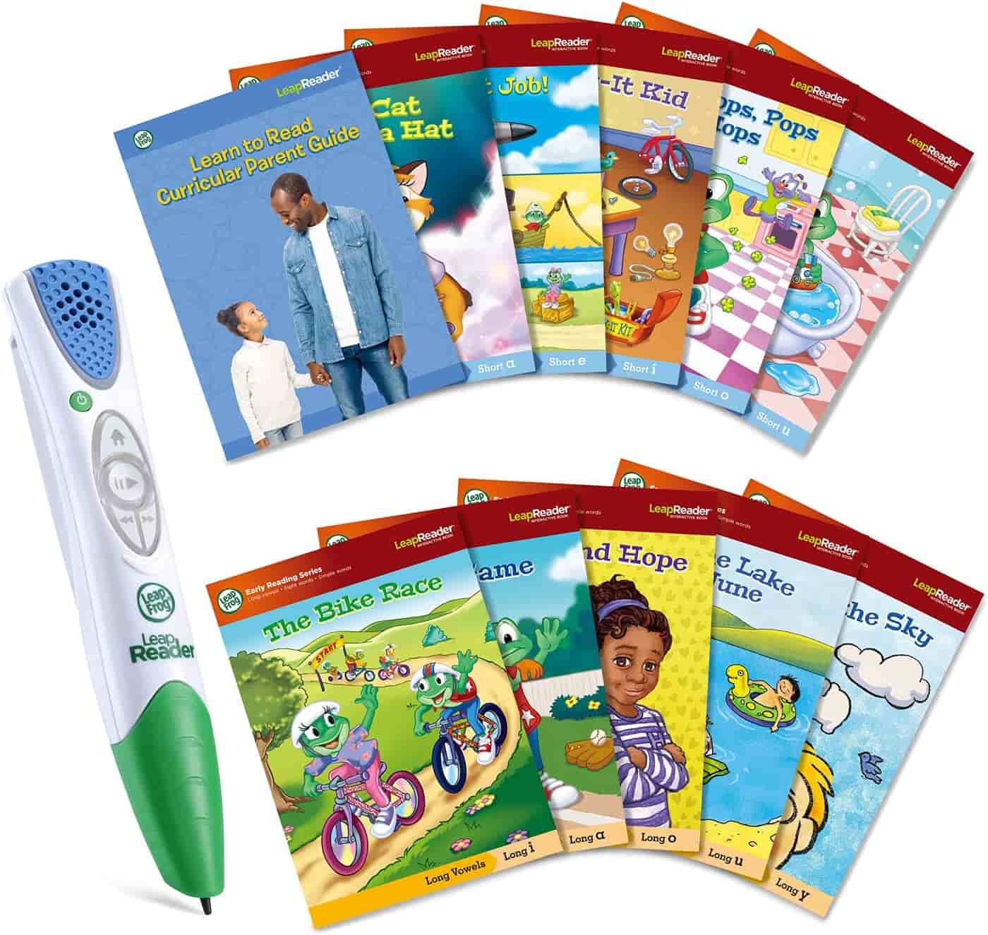 LeapReader electronic pen with ten illustrated children's books and a curricular parent guide displayed in a fan arrangement.