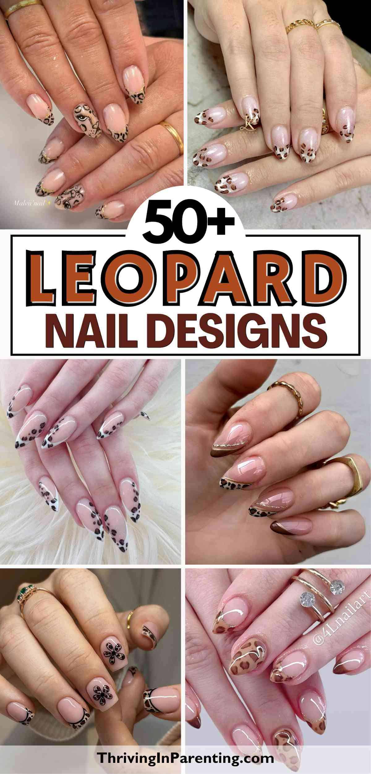 Collage showcasing various hands with leopard nails in neutral tones and styles.