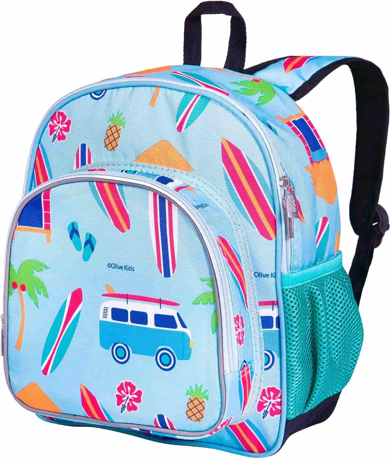 A blue children's backpack with surfboards, pineapples, flowers, palm trees, and van illustrations, two zippered compartments, and a mesh side pocket.