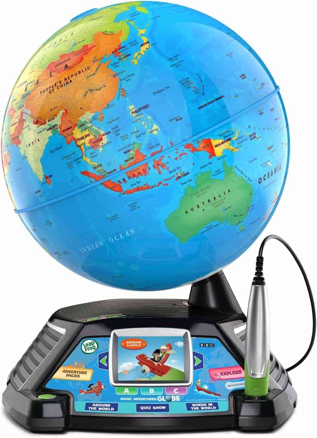 A colorful interactive globe on a black base with a digital screen and a connected pen for educational activities and quizzes.