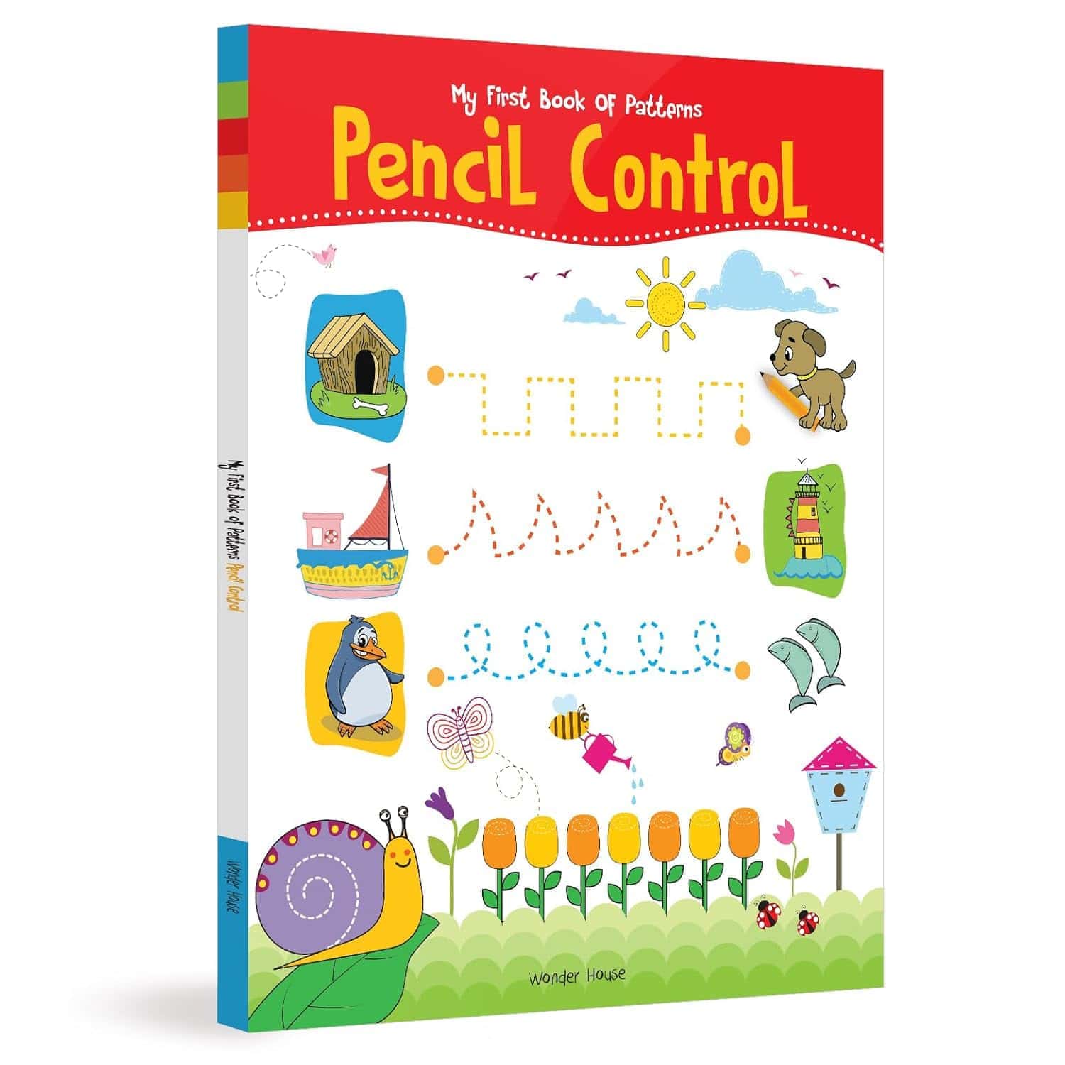 Cover of a children's book titled "My First Book of Patterns: Pencil Control," featuring colorful drawings of animals, plants, and patterns for tracing.