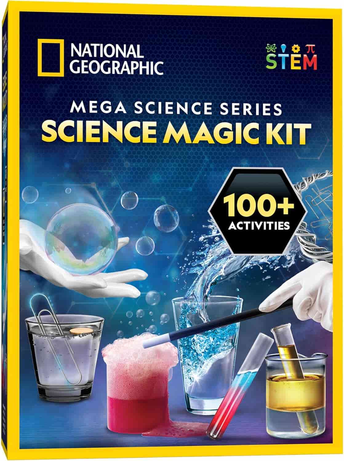 National Geographic Mega Science Series Science Magic Kit box featuring laboratory glassware, bubbling liquid, test tubes, and a hand holding a bubble; text highlights 100+ activities.