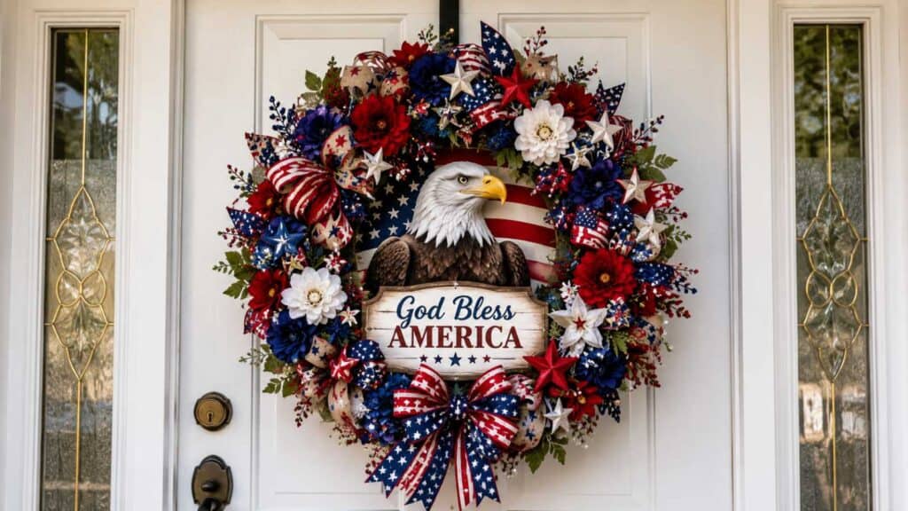 A patriotic wreath with an eagle, American flag, and red, white, and blue flowers hangs on a front door with a sign that reads "God Bless America.