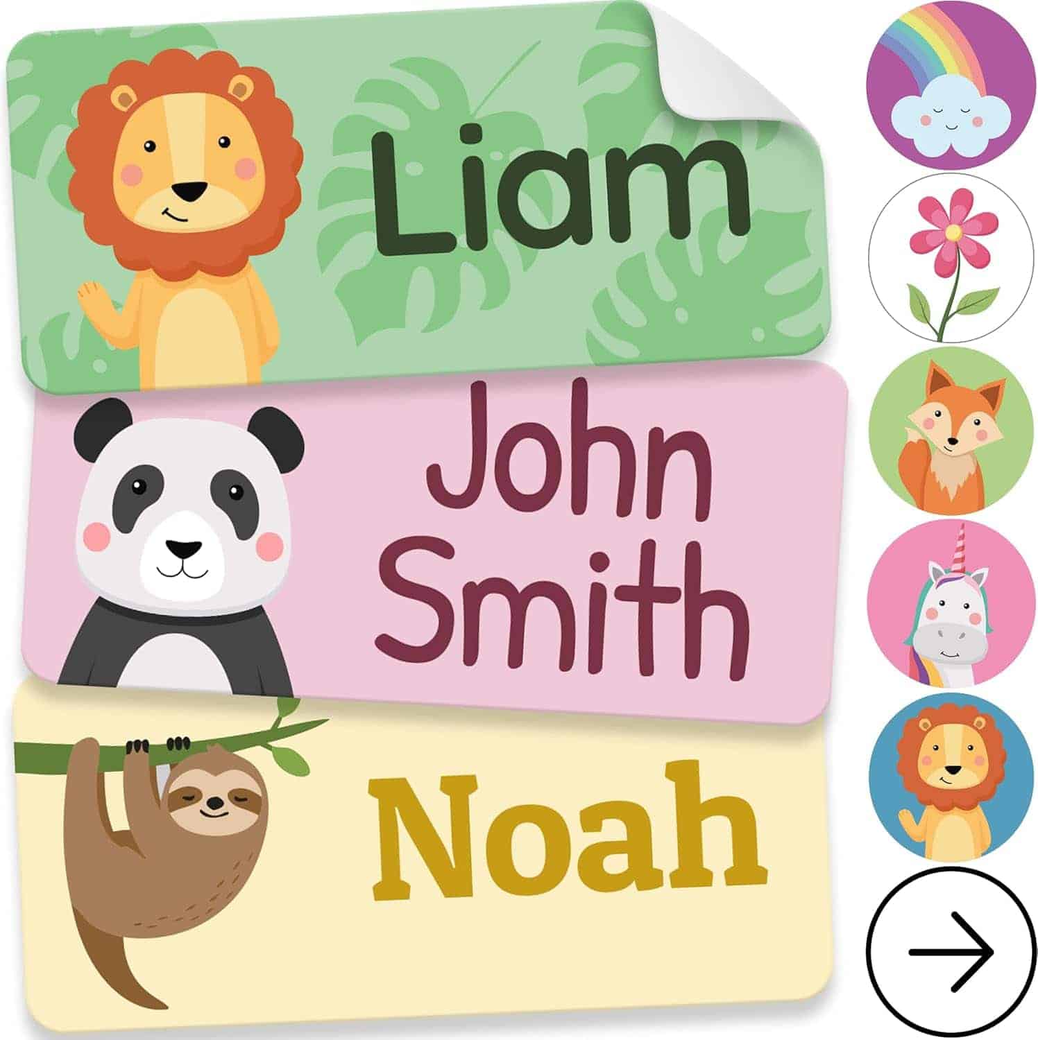 Three name labels with cartoon animals: a lion with "Liam," a panda with "John Smith," and a sloth with "Noah." Animal icons and an arrow are shown to the right.
