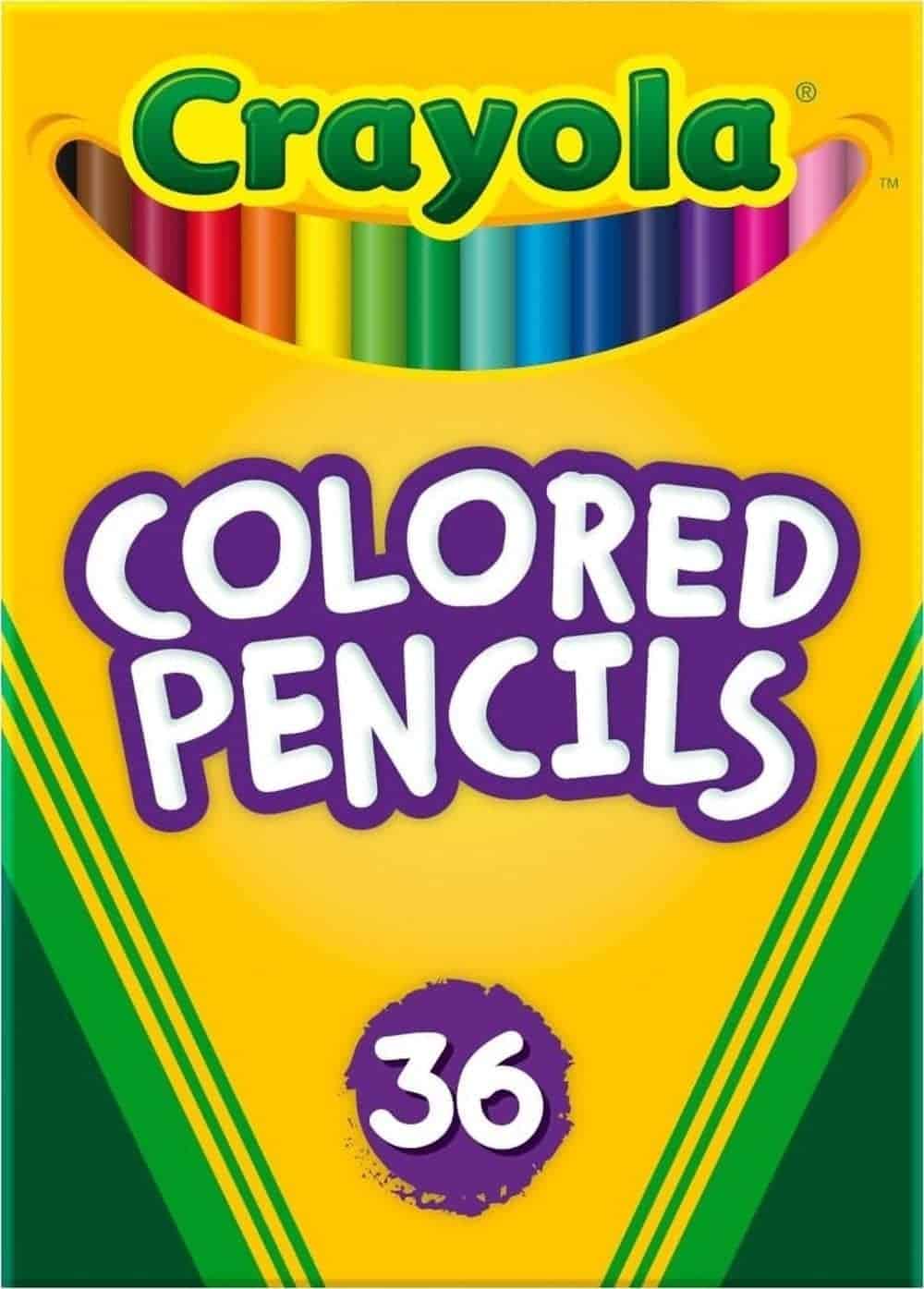 Crayola box of 36 colored pencils with a yellow and green design and "Colored Pencils" text in large white letters on the front.