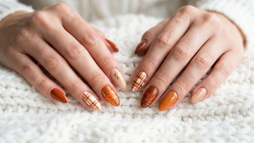 Hands with manicured nails painted in fall-themed colors and designs, including plaid patterns and leaf motifs, resting on a white knitted fabric.
