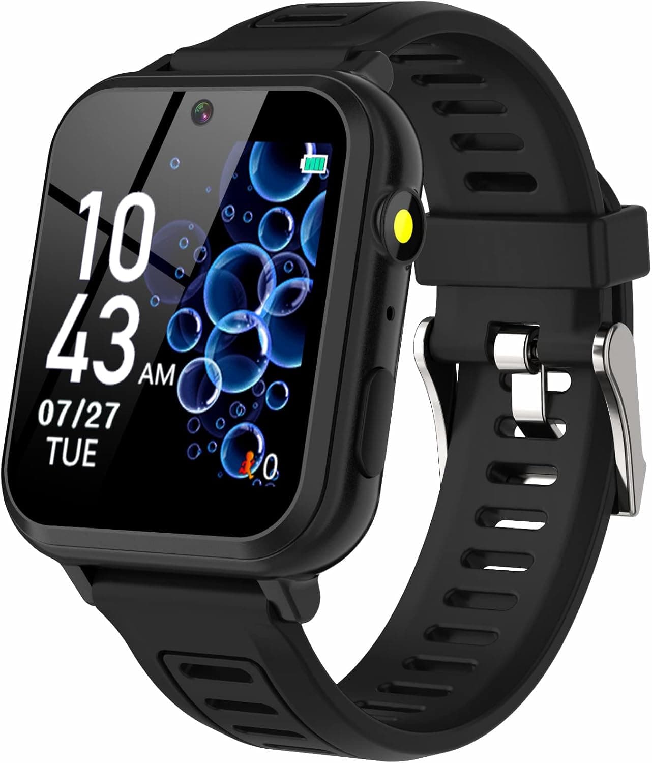Black smartwatch with a rectangular touch screen displaying the time, date, battery level, and bubble wallpaper, attached to a black silicone strap.