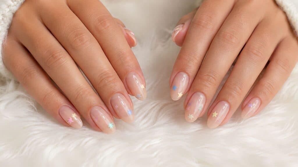 Two hands with manicured nails featuring a nude base and small, colorful star decals rest on a white, fluffy surface.