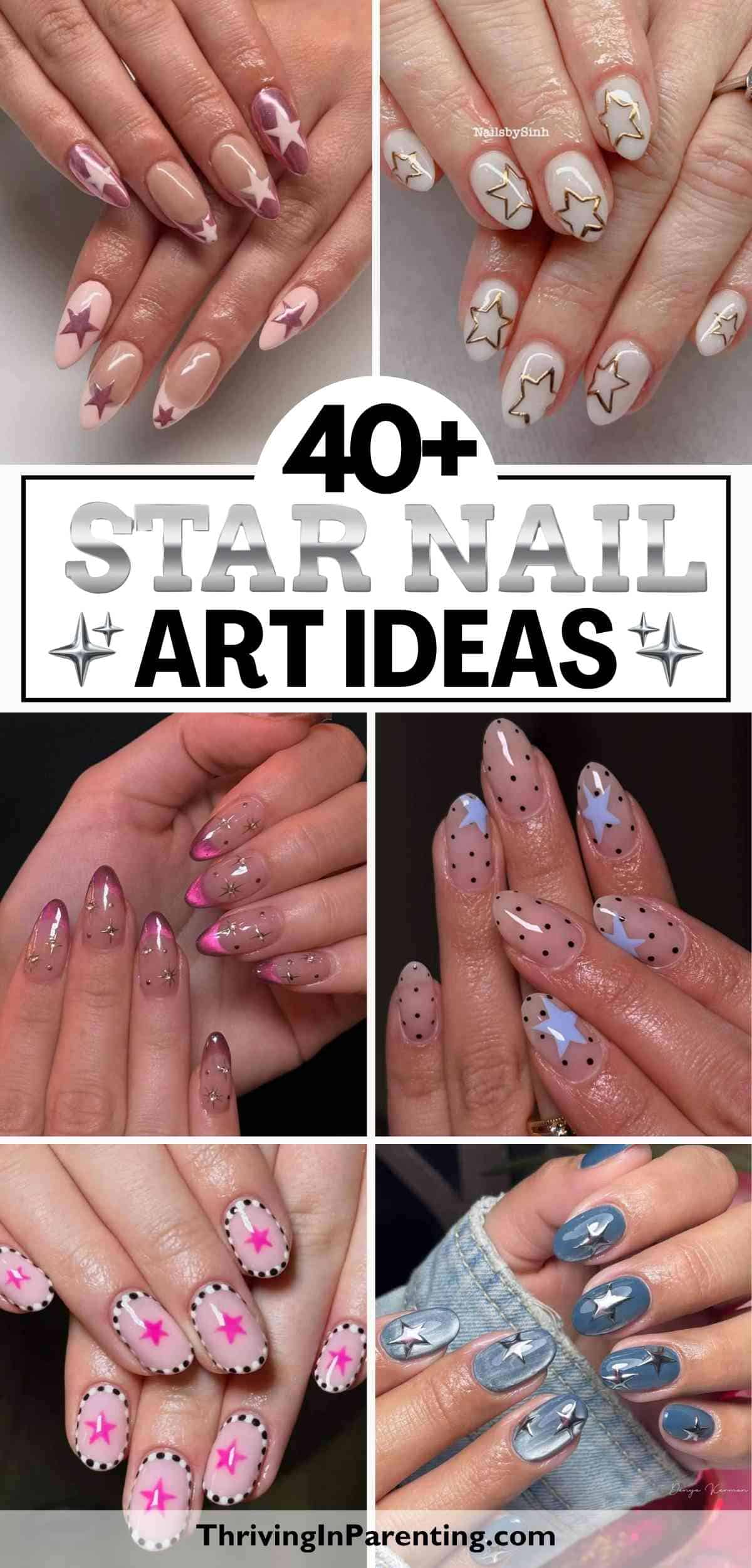 A collage displays various manicures featuring star nails in different colors and styles.