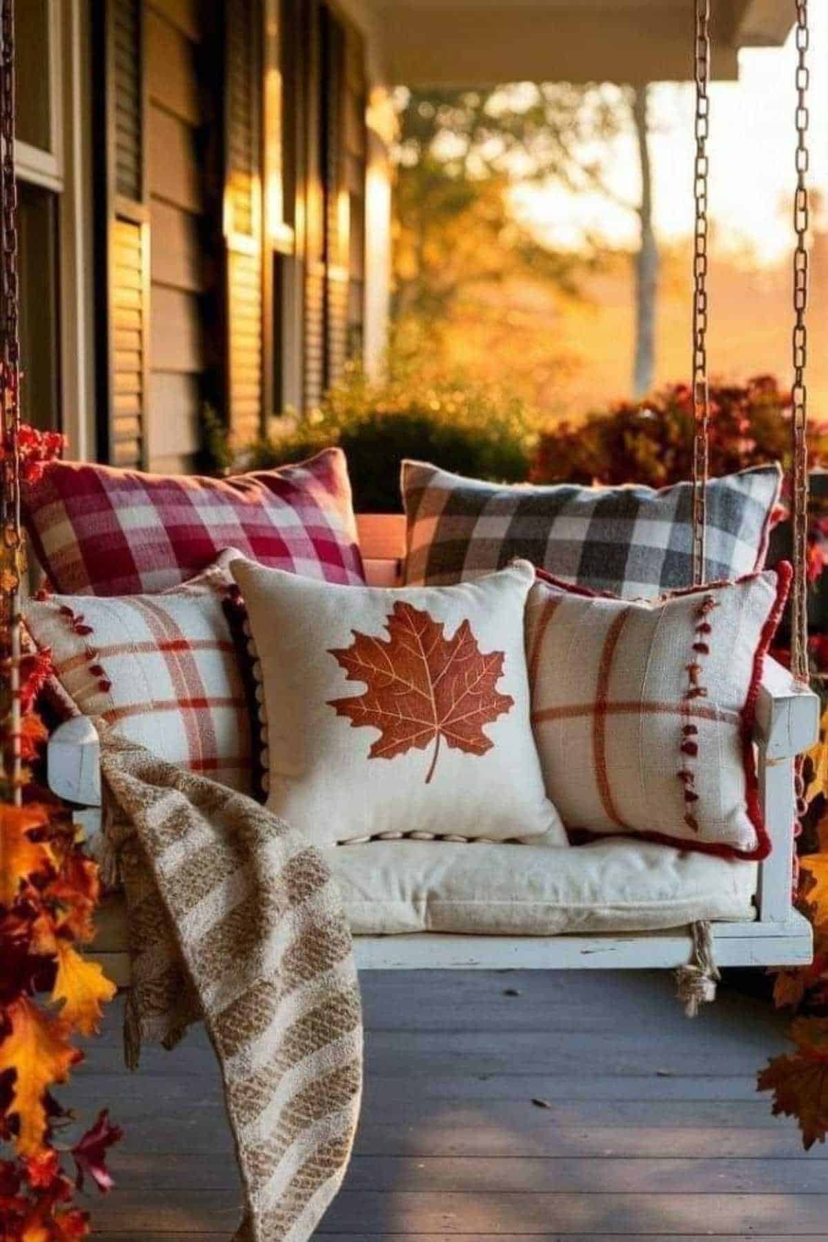 A porch swing with plaid and leaf-themed pillows and a striped blanket, surrounded by autumn leaves and warm sunlight.