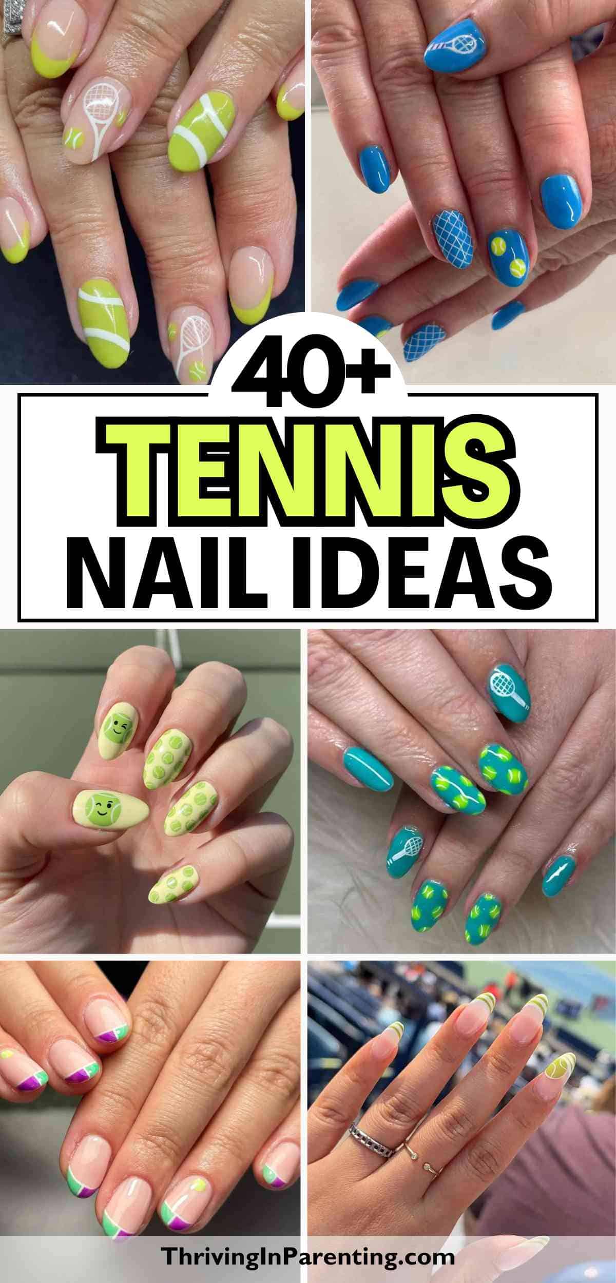 Collage of hands with creative tennis nail ideas, featuring designs like tennis balls, racquets, nets, and vibrant green and blue color schemes.