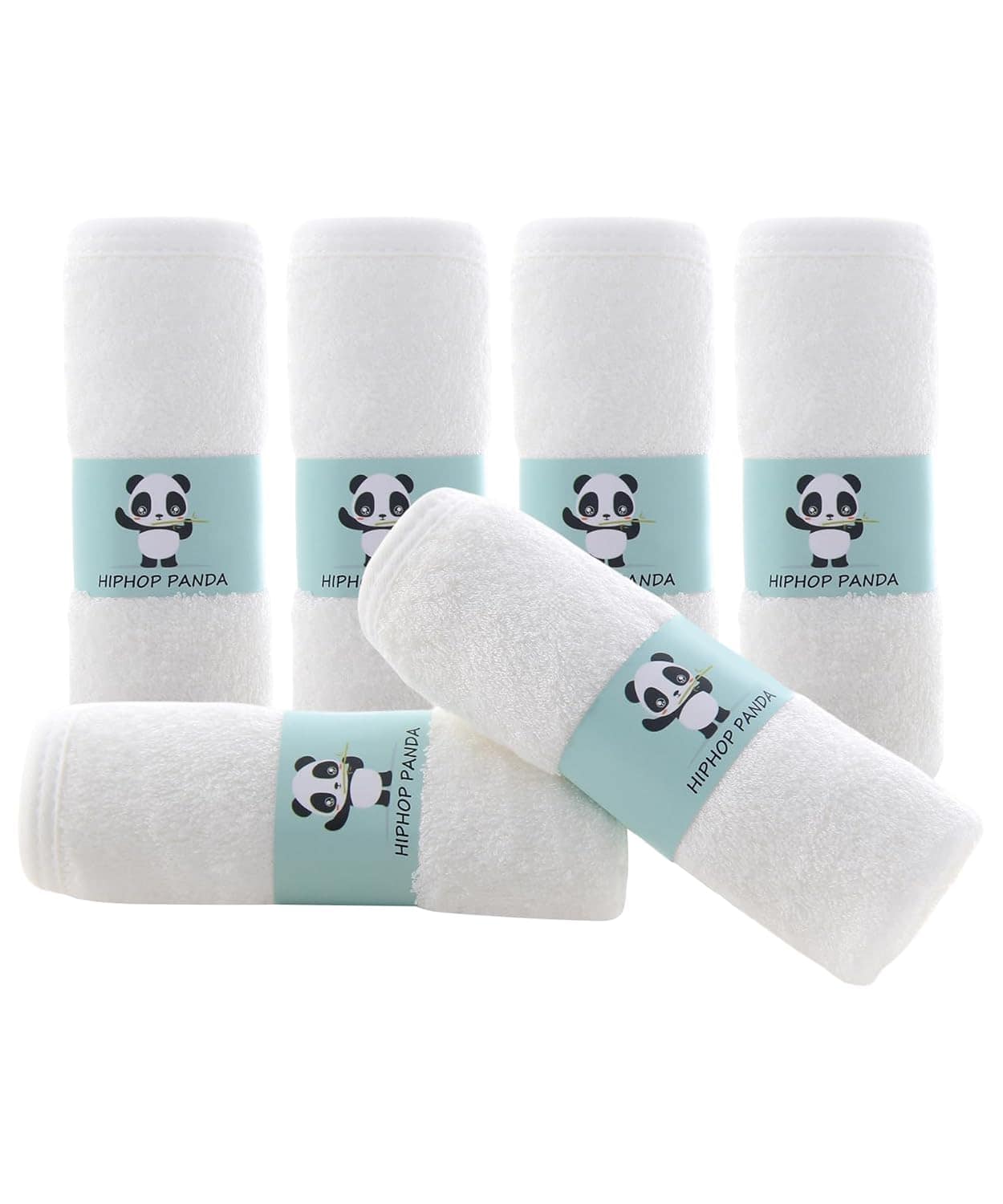 Five rolled white towels with blue labels featuring a cartoon panda and the text "HIPHOP PANDA," displayed against a plain white background.