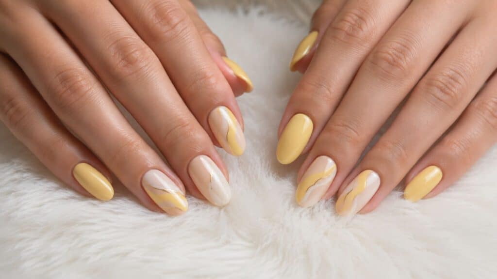 Two hands with almond-shaped nails featuring yellow and white polish with gold accent lines, resting on a white, fluffy surface.