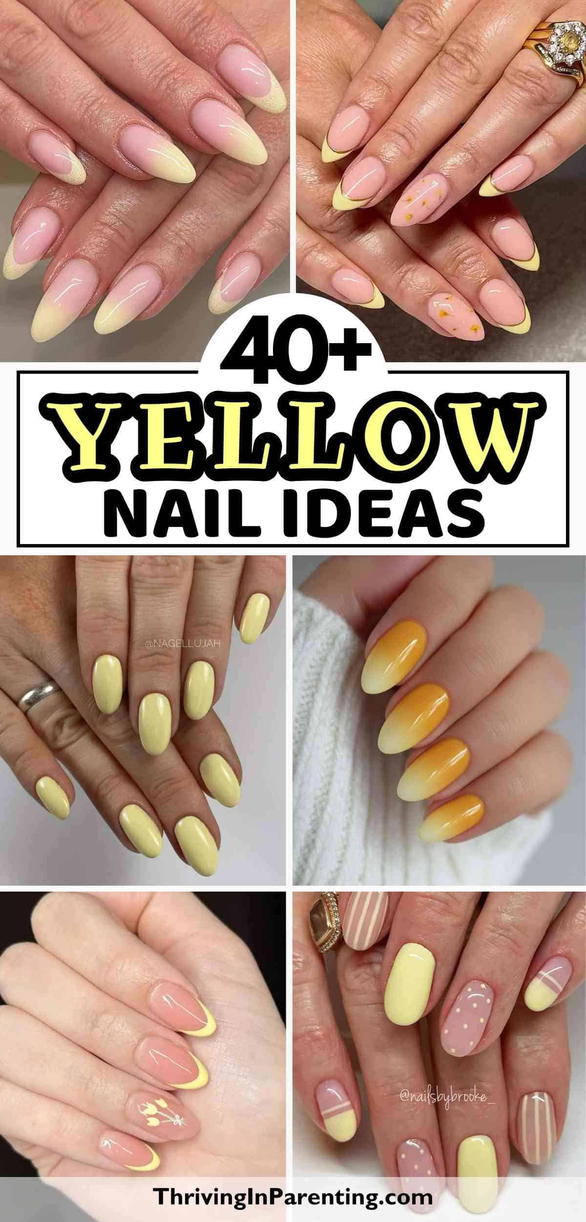 Collage of manicured hands featuring various yellow nail ideas, including solid yellow, French tips, ombre, floral, and polka dot patterns.