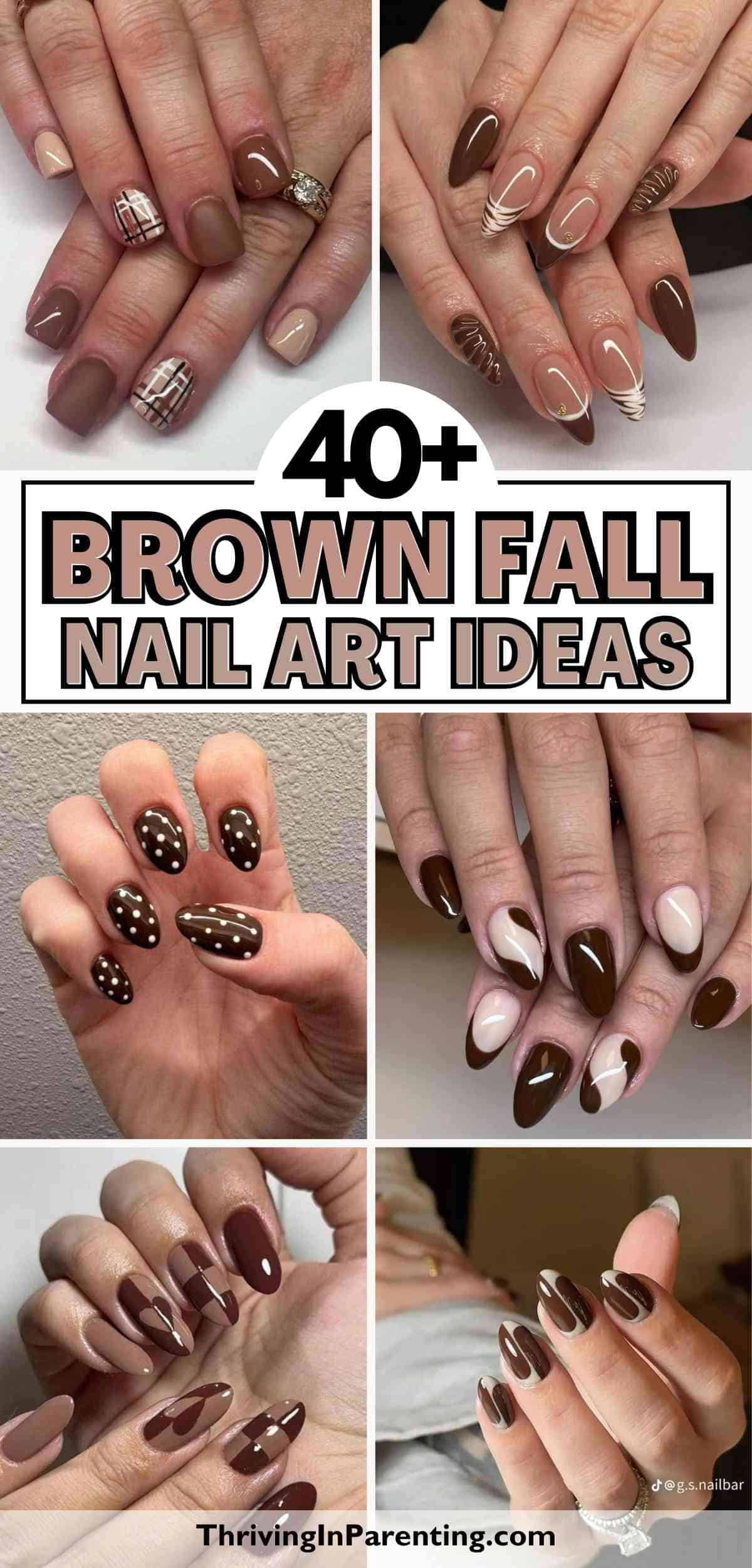 Collage of hands displaying various brown fall nail ideas, featuring nail art designs with lines, swirls, polka dots, and leaves.