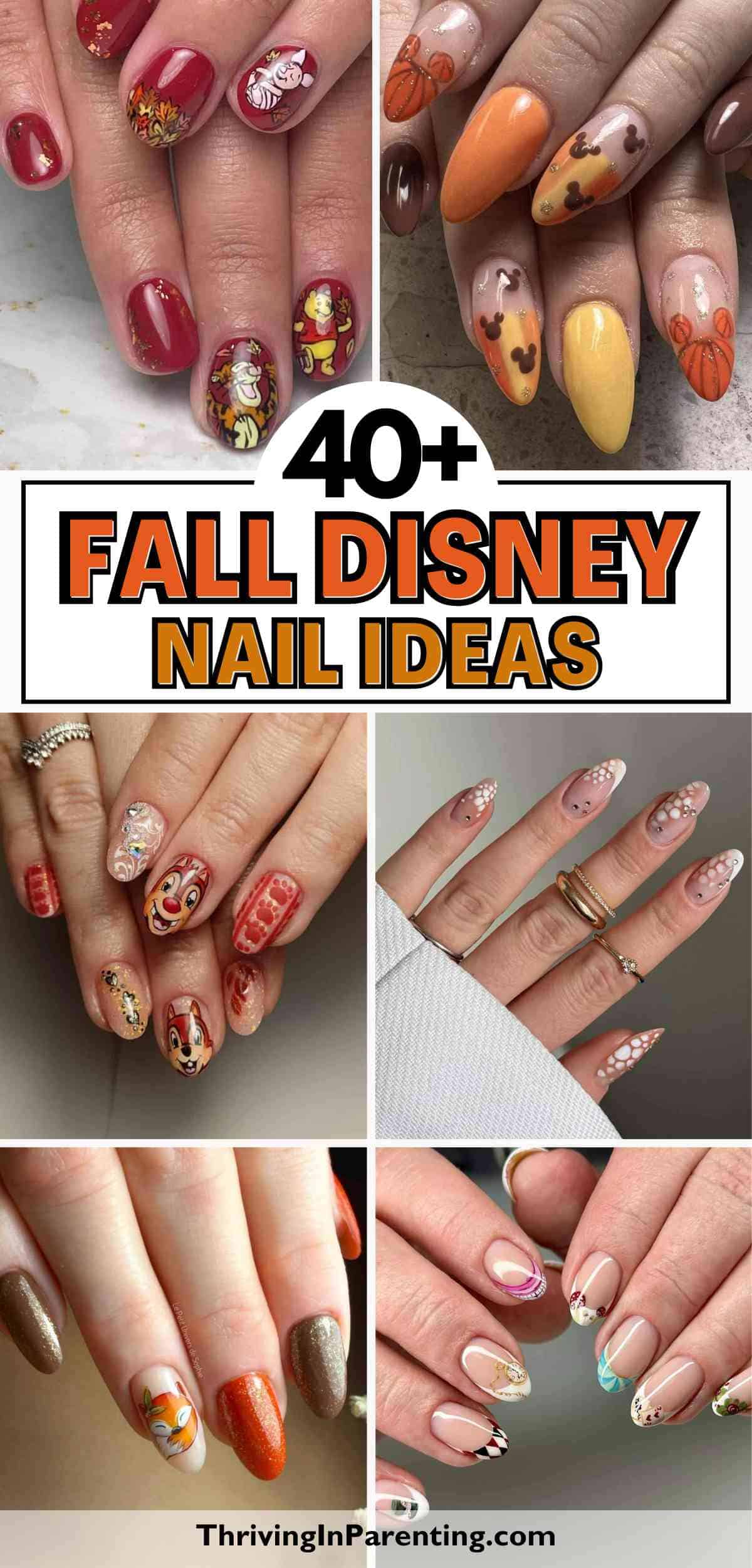 Collage of hands with various fall Disney nail art designs, featuring autumn colors and Disney character illustrations.