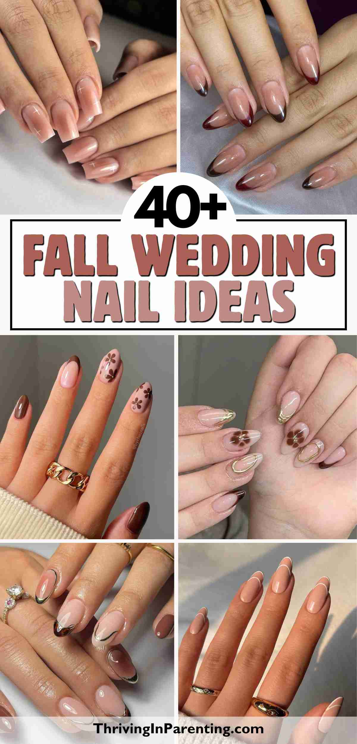 Collage of various fall wedding nail designs featuring neutral, brown, and nude tones with patterns and accents.