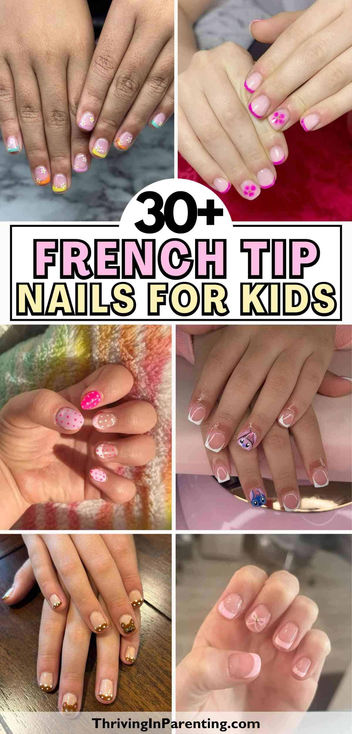 Collage of children's hands featuring vibrant and playful french tip nails for kids, with fun patterns like flowers, polka dots, and fruit.