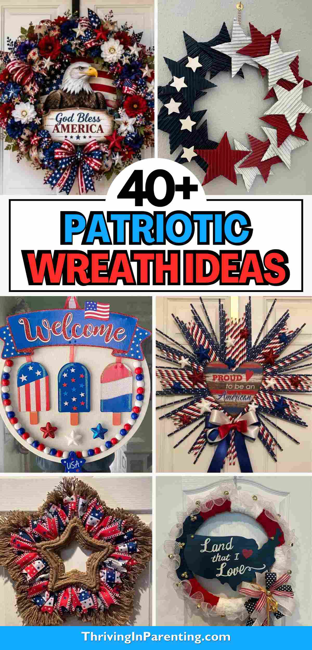 A collage of six patriotic wreaths in red, white, and blue designs, featuring stars, stripes, and American flag motifs.