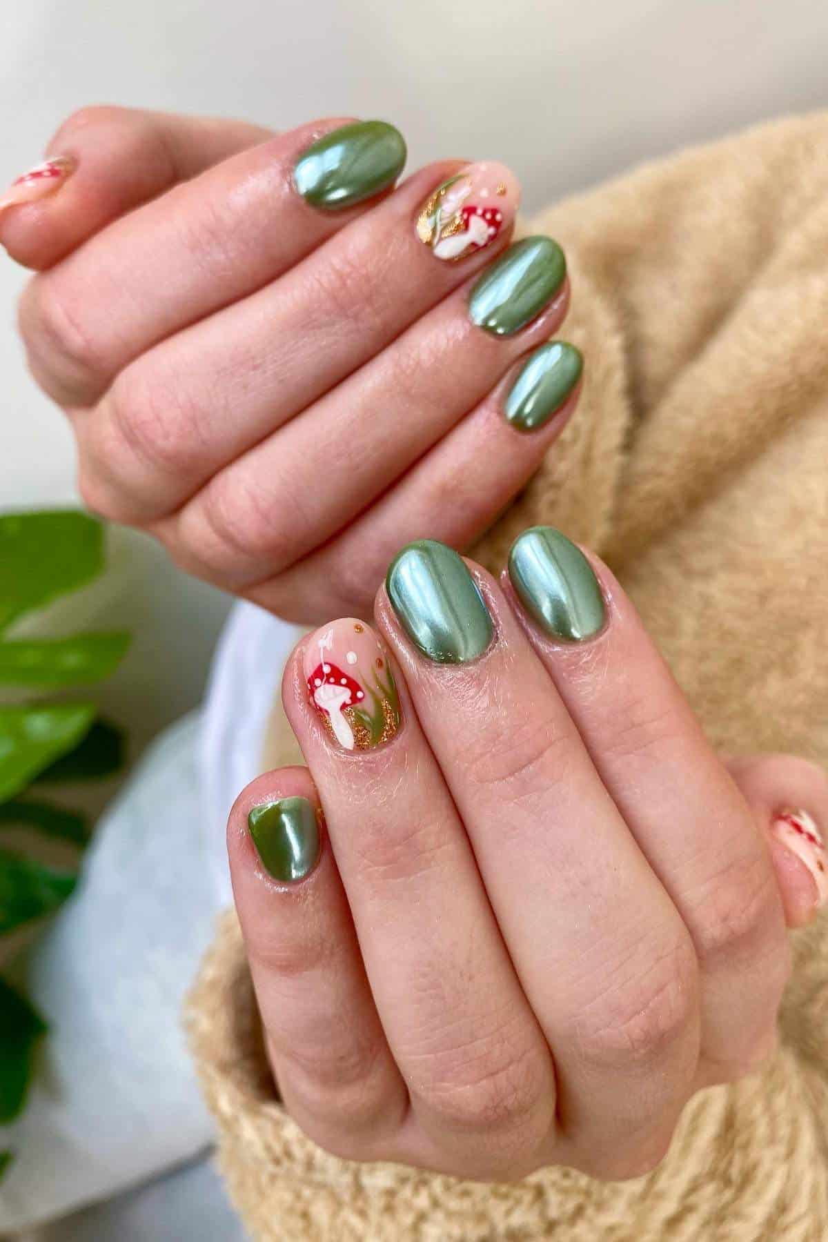 Hands with short, green metallic nails; some nails feature red and white mushroom designs on a nude base. Person wears a tan fuzzy sweater.