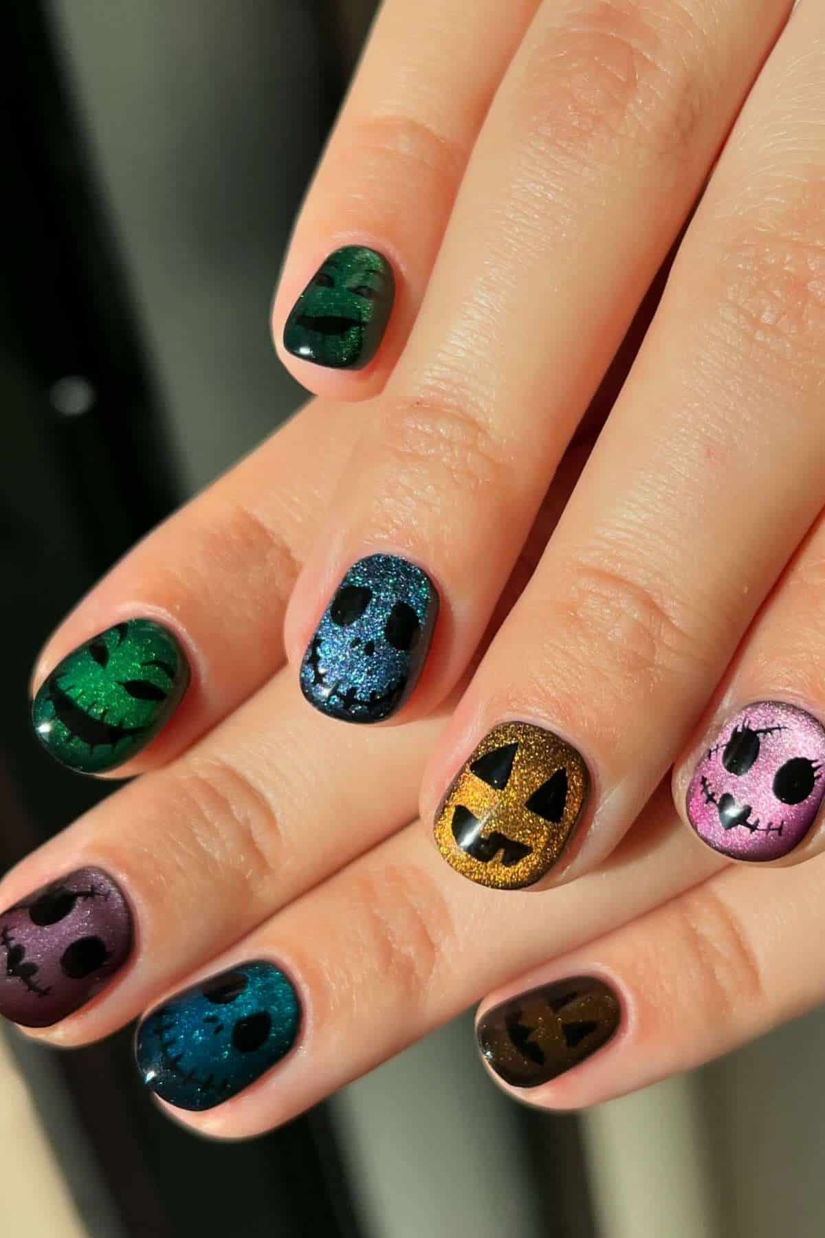 Close-up of hands with Halloween-themed nail art featuring colorful glitter polish and jack-o’-lantern faces on each fingernail.