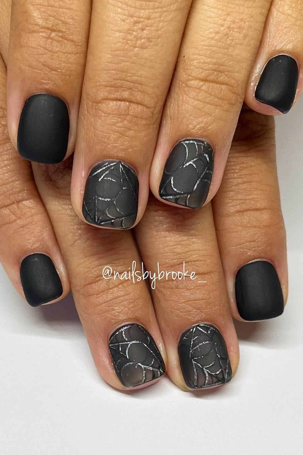 Close-up of hands with short, matte black nails. Two nails on each hand feature a silver spiderweb design.