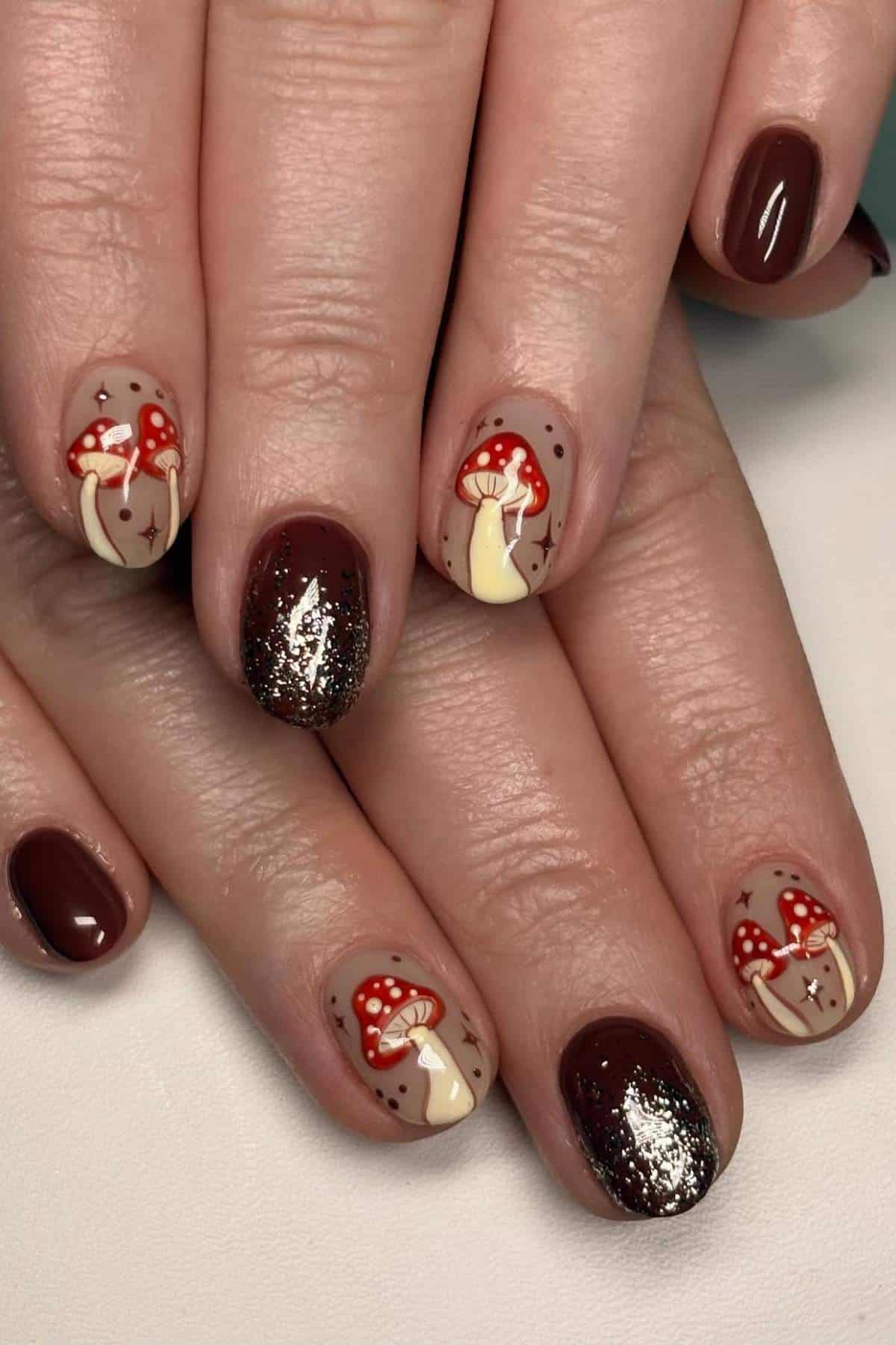 Hands with manicured nails featuring red and white mushroom designs on beige backgrounds and dark maroon nails with glitter accents.