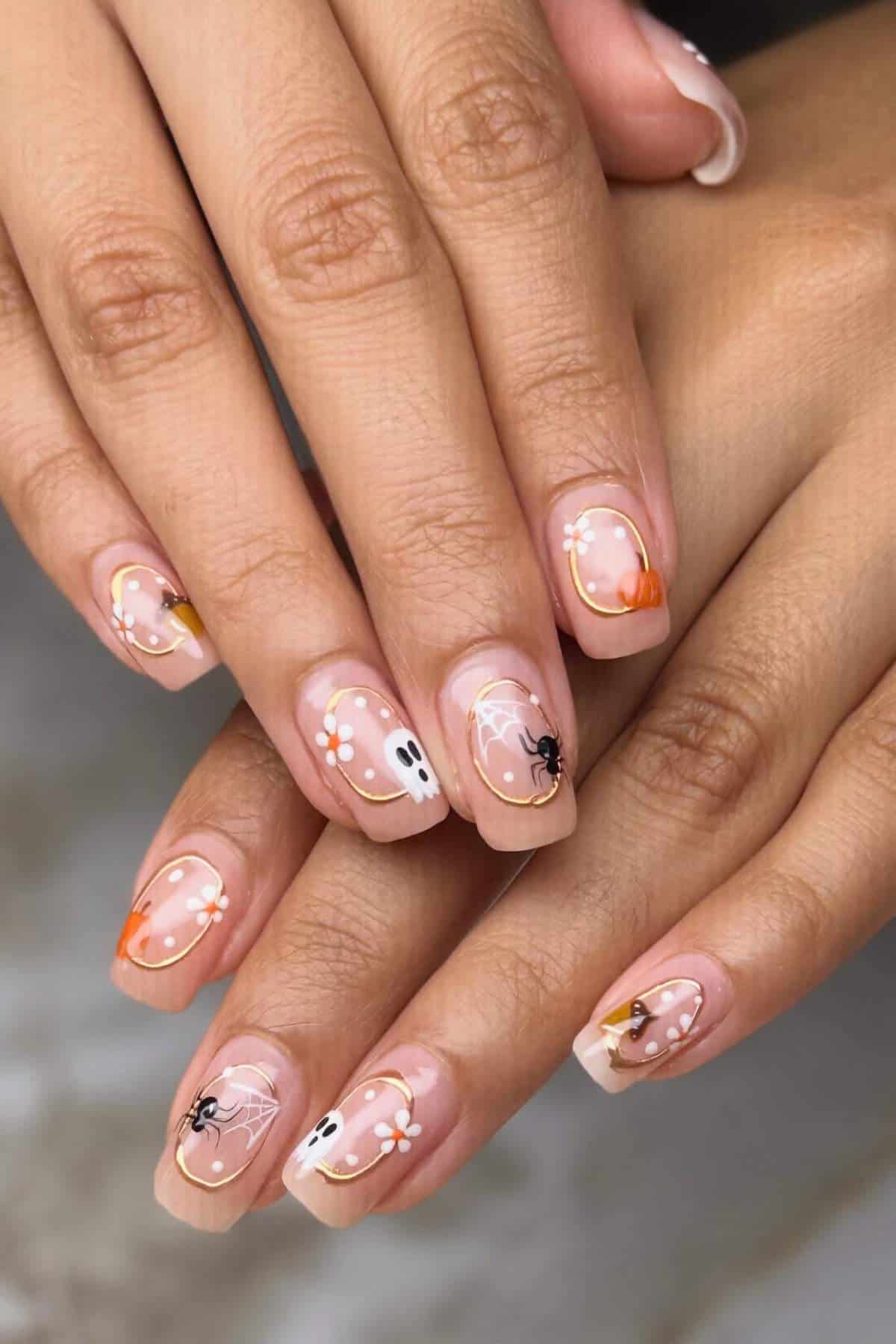 Hands with Halloween-themed nail art featuring ghosts, spiderwebs, spiders, orange accents, and small white dots on a nude background. Nails are medium length and square-shaped.