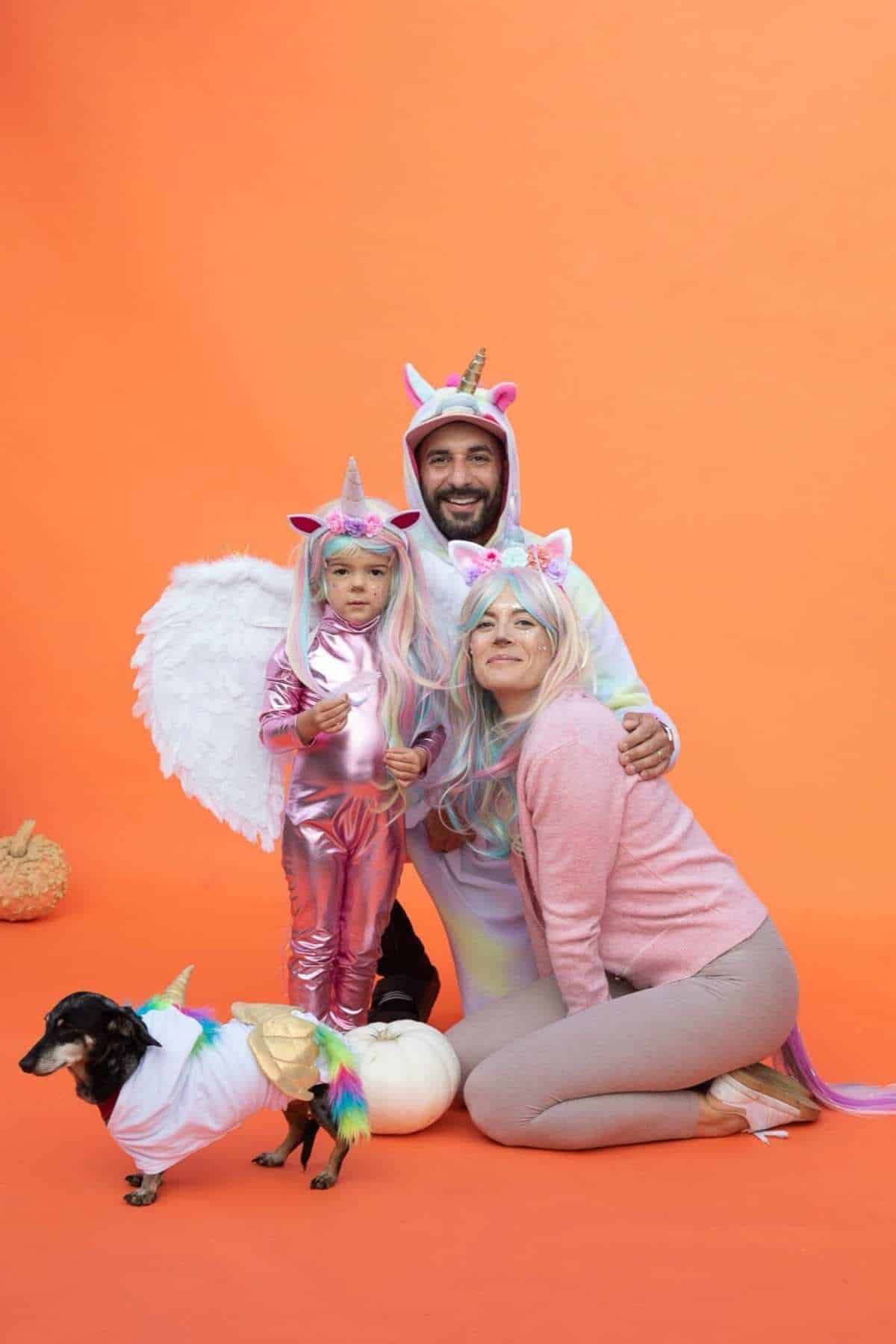 Two adults and a child in unicorn costumes pose with a small dog in a unicorn outfit against an orange background. The child also has angel wings. White pumpkins are nearby.