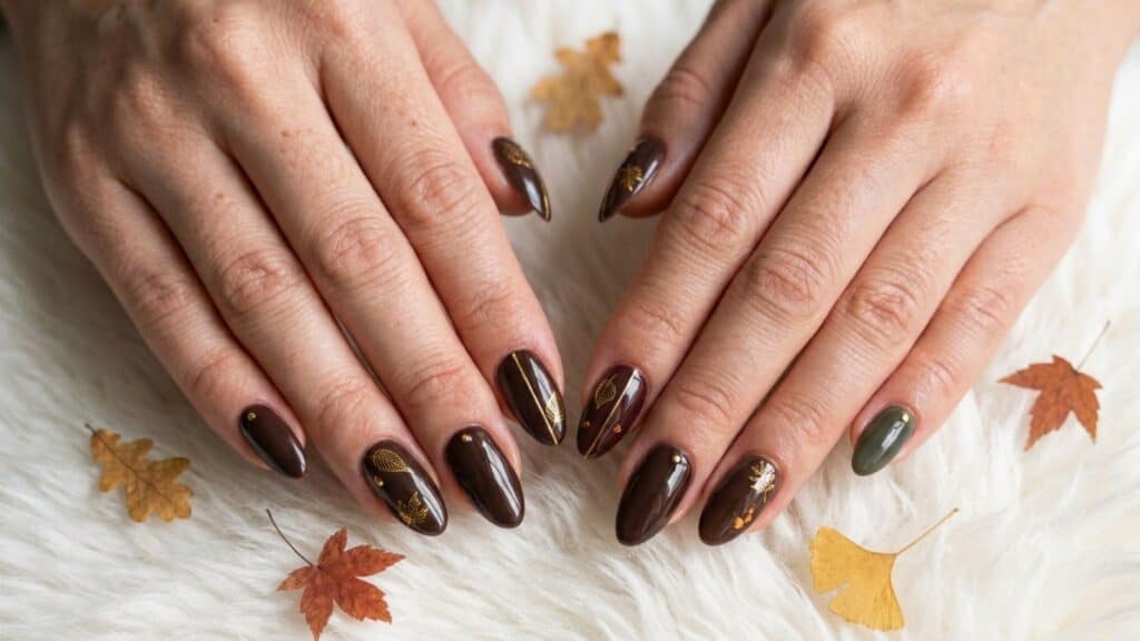 Two hands with almond-shaped nails painted in dark brown and green, featuring gold leaf designs. Small dried autumn leaves are scattered on a white fur surface beneath the hands.