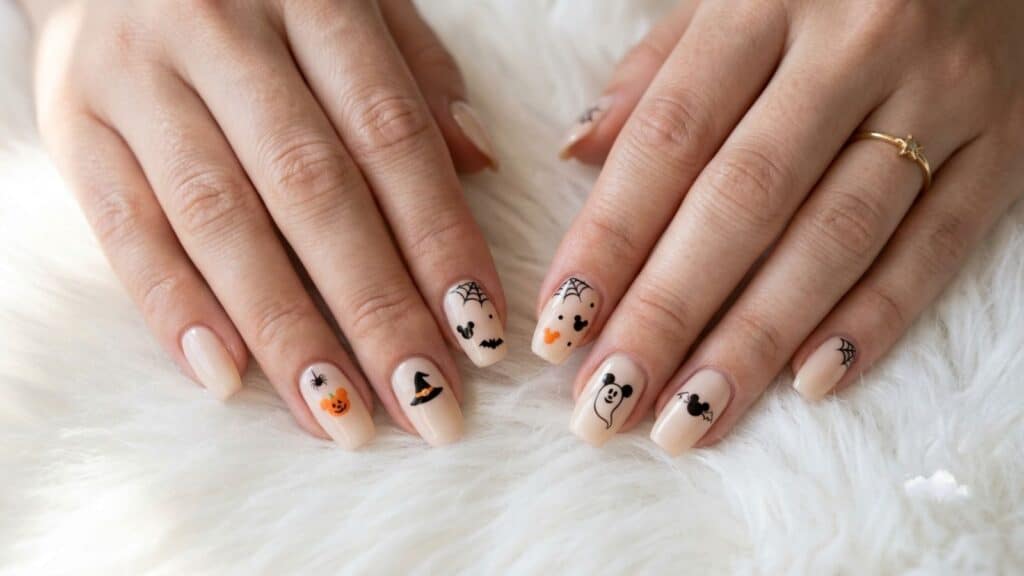 Close-up of hands with Halloween-themed nail art, including pumpkins, bats, spider webs, ghosts, a witch hat, and a bear, on a light base color.