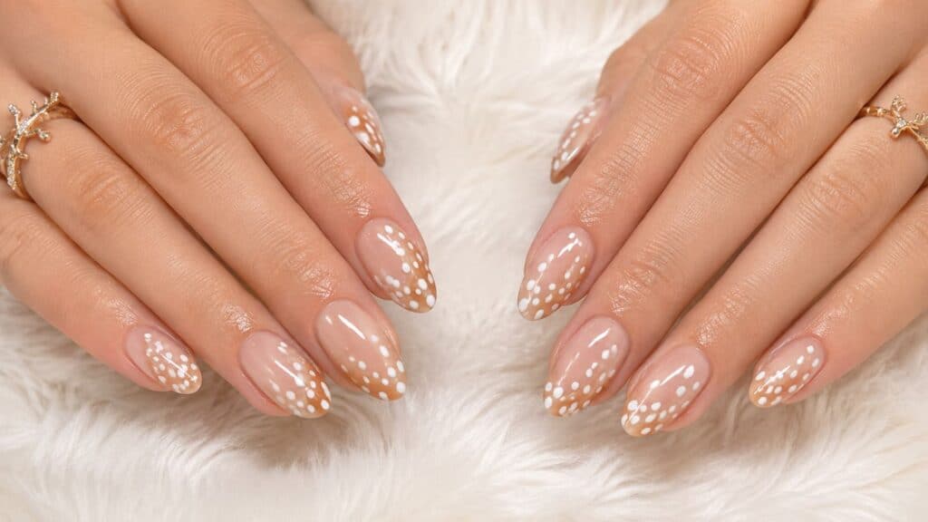 Two hands with almond-shaped nails featuring a nude base and white polka dot design, displayed on a white furry surface. The person is wearing gold rings.