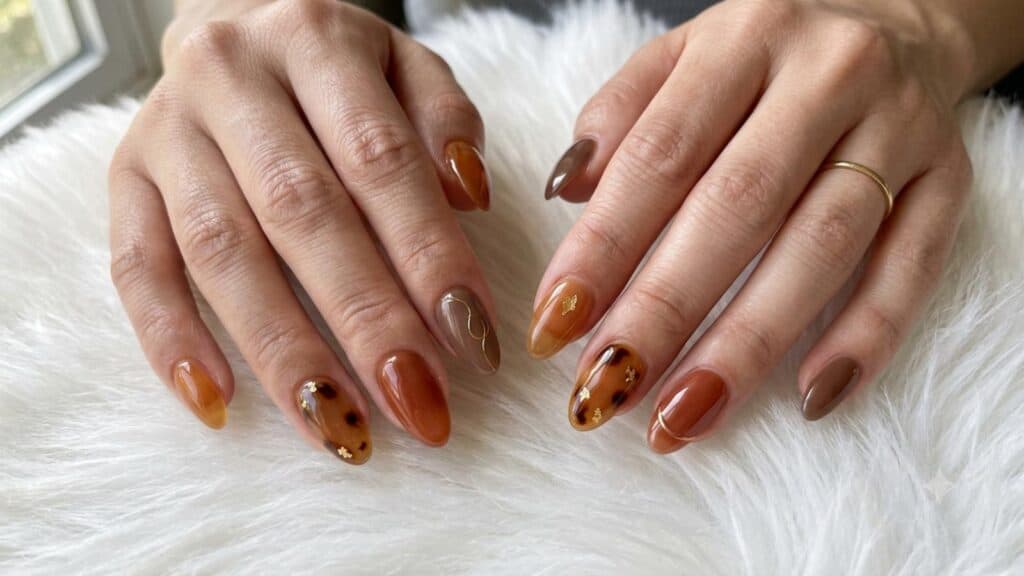 Two hands with almond-shaped nails featuring brown, amber, and taupe shades, some with gold accents and tortoiseshell patterns, resting on a white furry surface.