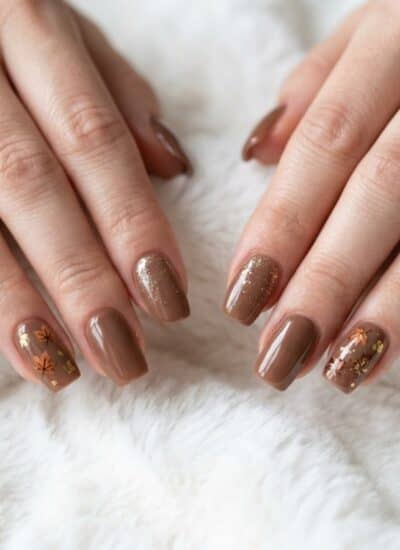 Two hands with brown, glitter, and maple leaf nail art rest on a soft white fabric. The person is wearing simple gold rings on each hand.