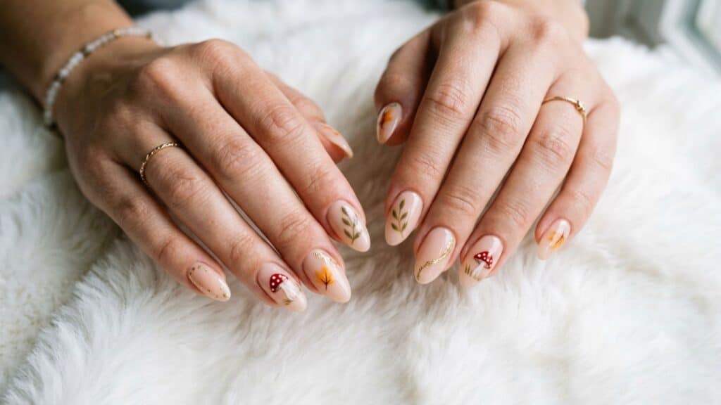 Hands with almond-shaped nails featuring autumn-themed nail art, including leaves and mushrooms, rest on a white, fuzzy surface.