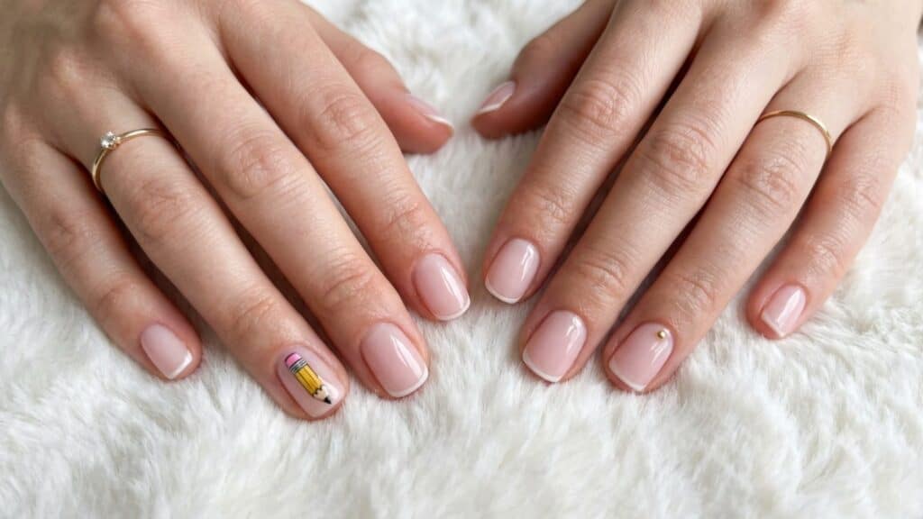 Two hands with short, natural-shaped nails painted in light pink; the left pinky has a pencil design, and the right ring finger has a small gold stud. Hands rest on a white textured surface.