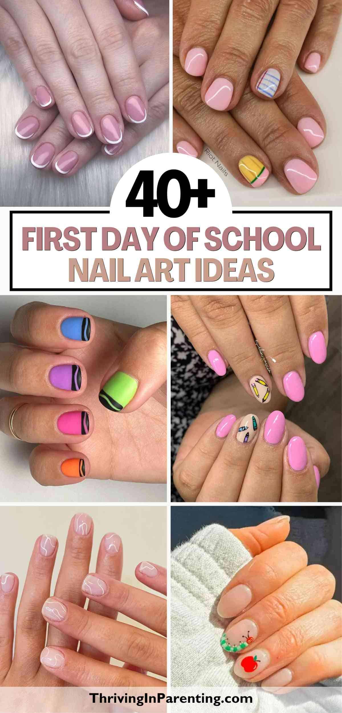 Collage of manicured hands with various colorful and playful first day of school nail art designs, including stripes, apples, and geometric patterns.