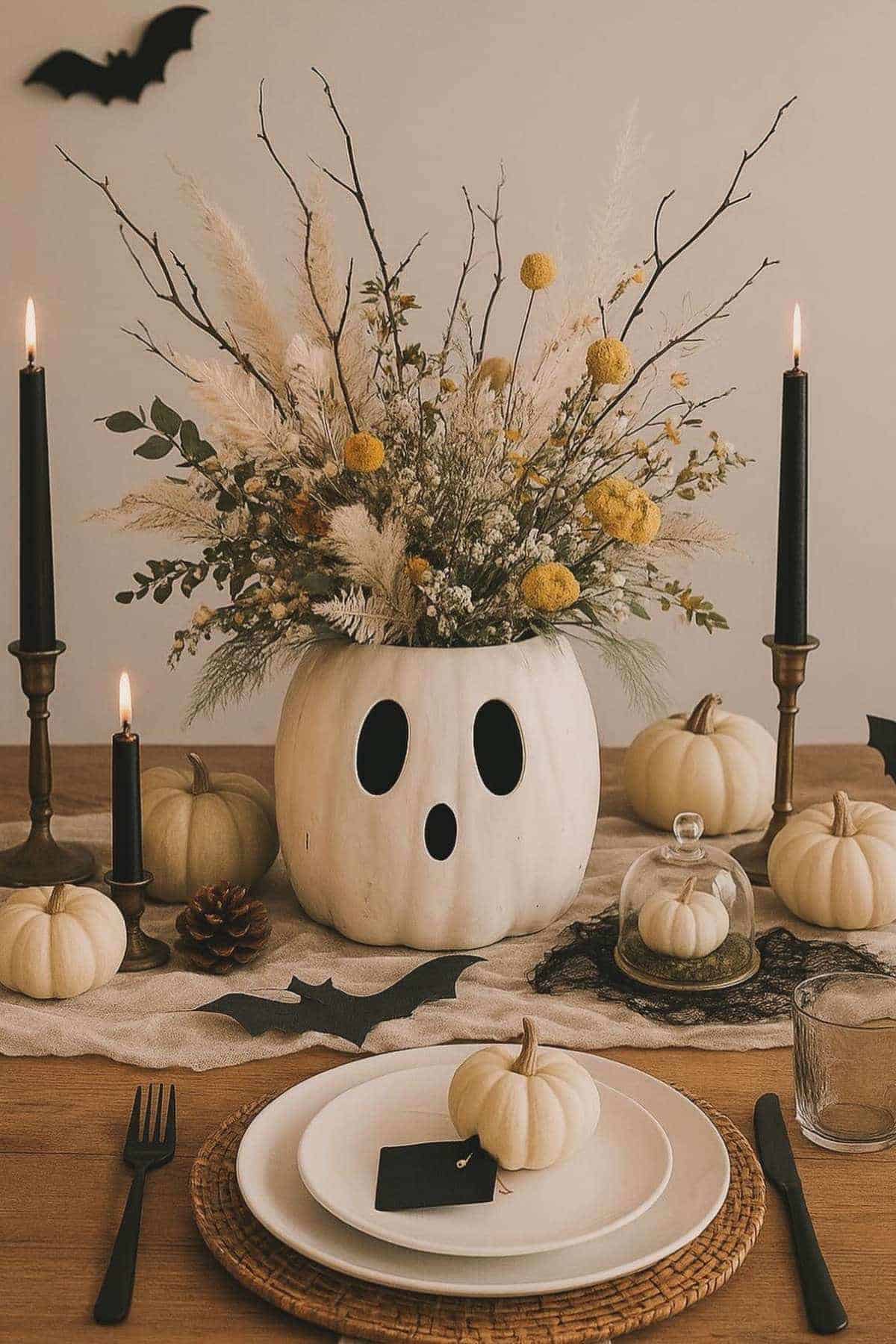 A Halloween-themed table features a white pumpkin vase with flowers, black candles, white pumpkins, and black paper bats for decoration.