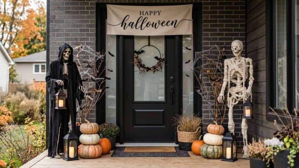 Front porch decorated for Halloween with a "Happy Halloween" banner, skeleton and reaper figures, stacked pumpkins, bats, and a wreath on the door.