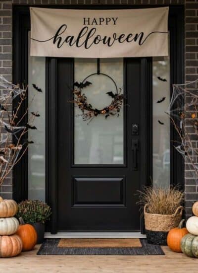 Front porch decorated for Halloween with a "Happy Halloween" banner, skeleton and reaper figures, stacked pumpkins, bats, and a wreath on the door.