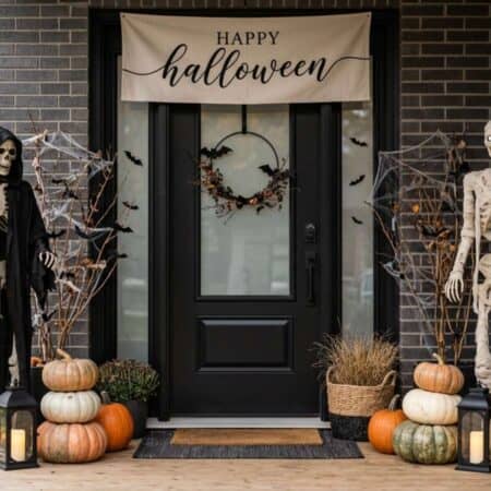 Front porch decorated for Halloween with a "Happy Halloween" banner, skeleton and reaper figures, stacked pumpkins, bats, and a wreath on the door.
